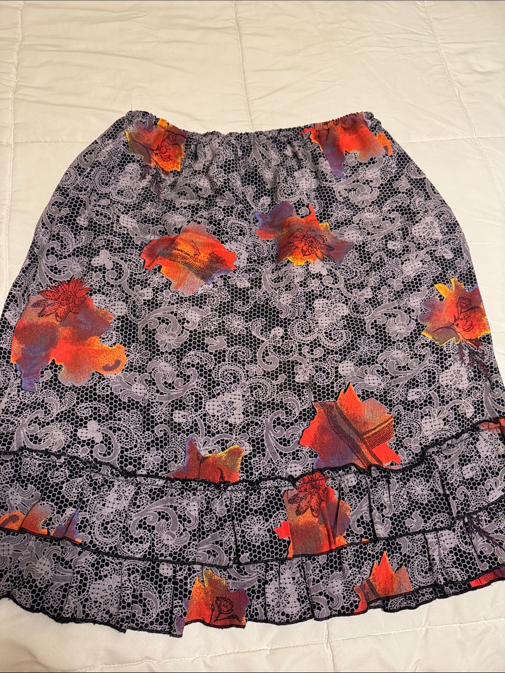Y2K Bill blast lady skirt black with orange design rayon lined med